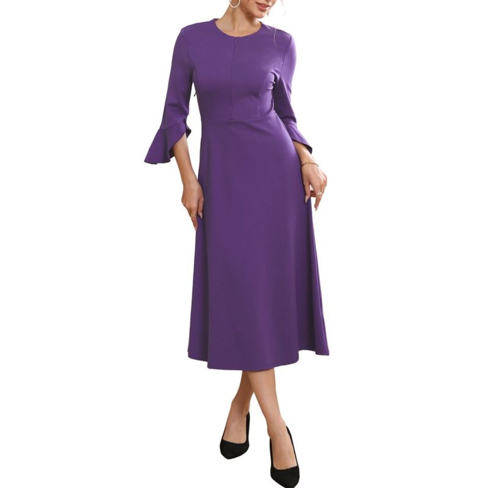 Women's Formal Dress Zipper Front Office Midi A-Line Dress Purple